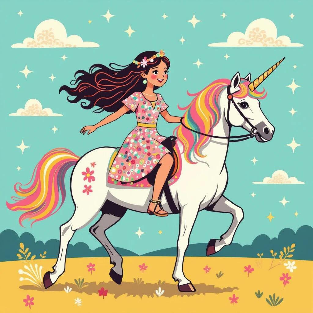 Illustration of a girl with long hair riding a unicorn in a colorful sequin dress. The unicorn is galloping across a bright, cheerful landscape with flowers and clouds. The style is reminiscent of 1970s European artwork. The scene is whimsical and inviting, perfect for a children's story.