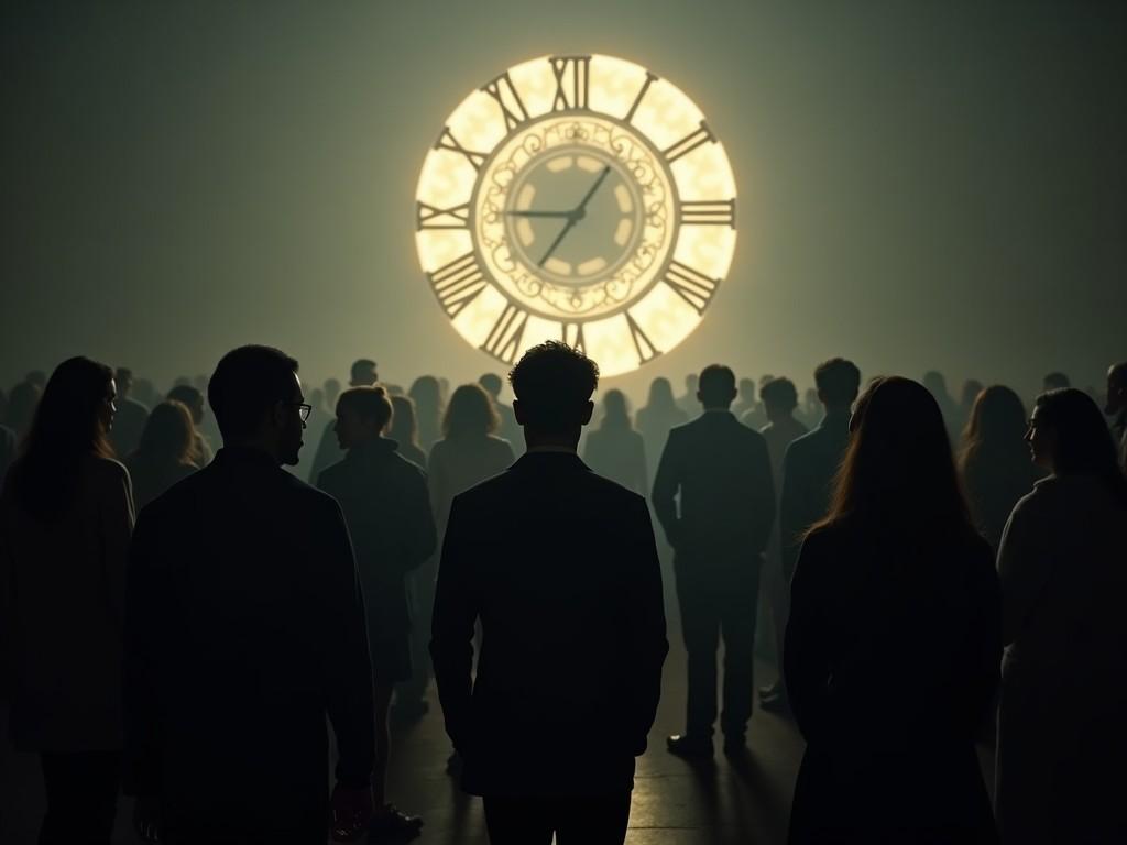 The image features a group of people silhouetted against a large clock. The clock is glowing, casting a dramatic light in an otherwise dim setting. The individuals appear to be in a contemplative or solemn state, creating an atmosphere of mystery. The clock symbolizes the passage of time, suggesting themes of life, change, or an event about to happen. The overall composition evokes a sense of anticipation and reflection among the people standing together.