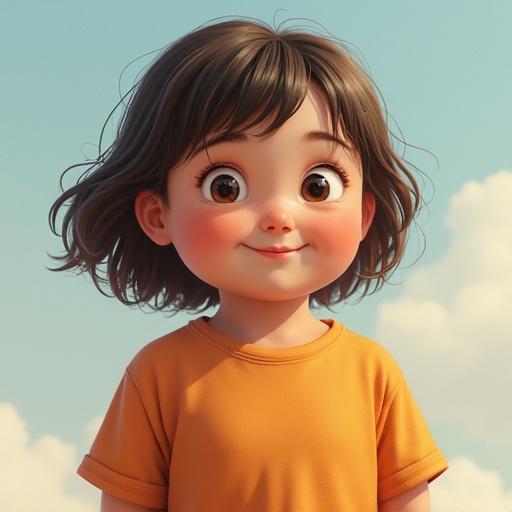 Cute chubby girl with a bright smile wearing an orange shirt against a blue sky with fluffy clouds.