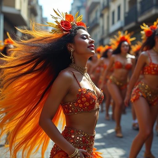 Moça morena dançando no Carnaval em Rio de Janeiro. Estilo vibrante com traje colorido e acessórios florais. Movimento dinâmico e expressivo.