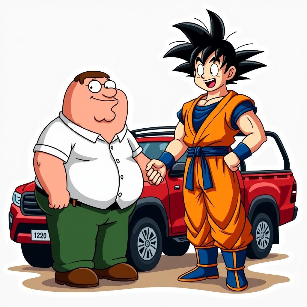 Illustration features Peter Griffin and Son Goku smiling and shaking hands. Background shows a red 2020 Toyota Hilux. Characters depicted in cartoon style.