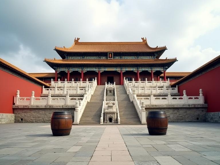 Photograph of a traditional Chinese palace. Large building with multiple tiers and a curved ornate roof with golden tiles. Red walls and white stone staircase. Cloudy sky in the background. Stone courtyard with two large wooden barrels. Intricate carvings on staircase railing. Daytime with soft natural light. Historical site and cultural landmark. Detailed textures on roof and walls. Majestic and grand ancient structure.