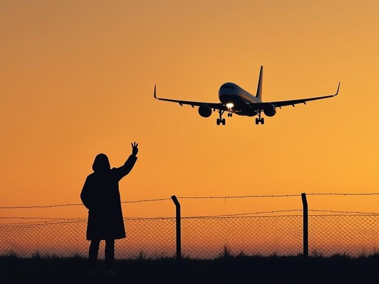Silhouetted person in a coat makes a peace sign against a warm twilight sky with an airplane in the background. A chain-link fence adds a boundary element.