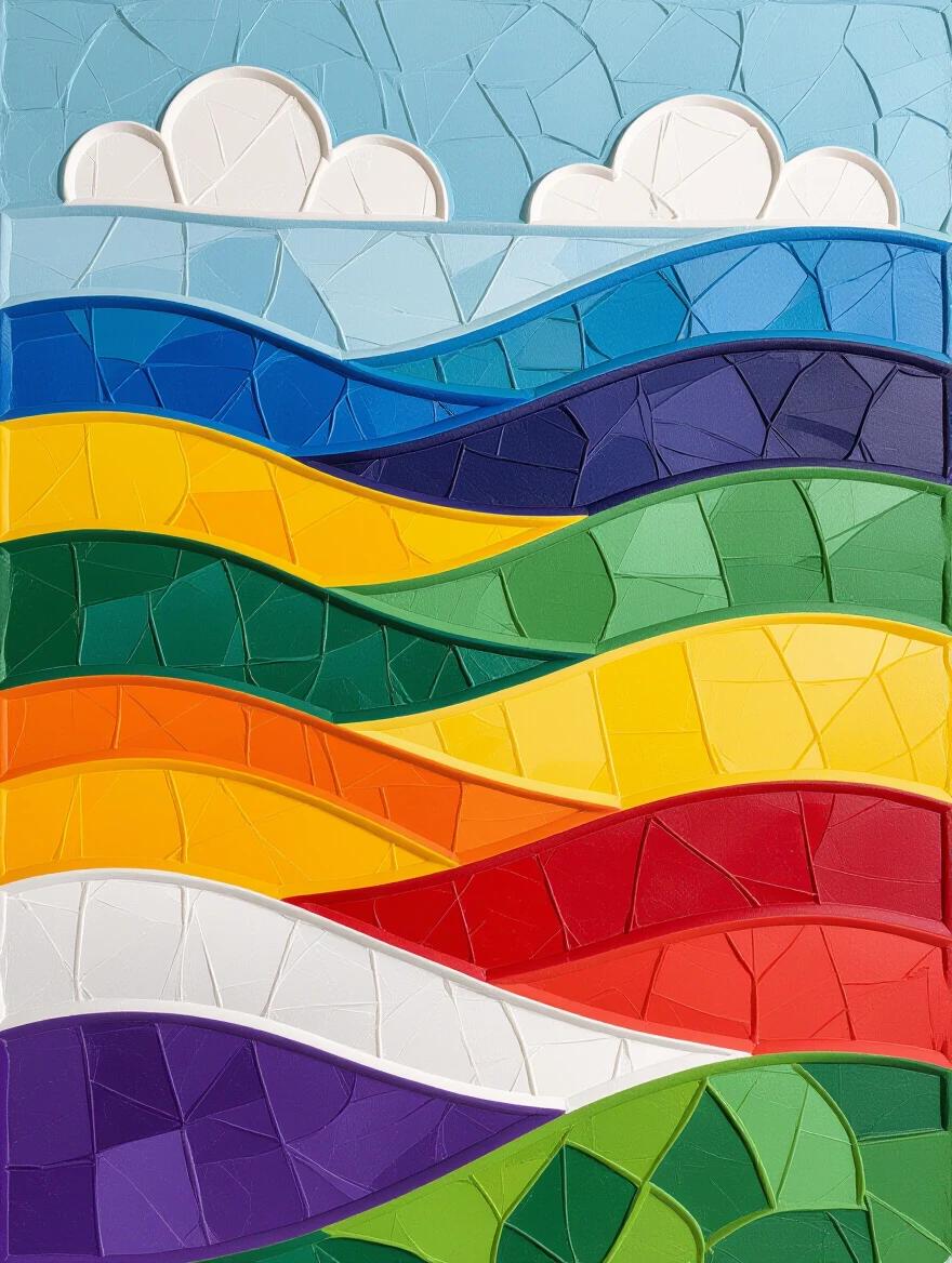 Seven different colored plaster layers create waves. Colors scratched away reveal a rainbow spectrum. Deep purple at bottom layer, blue, green, yellow, orange, red, white on top. Represents sky, water, foliage, earth. Multi-layered plaster technique.