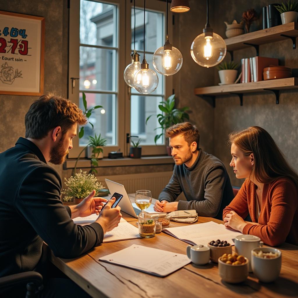 Discussion on New Year resolutions among a group of people. Warm and inviting coffee shop setting. Participants engaged in conversation while planning goals for the year ahead.