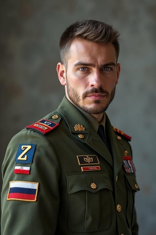 Photo of a young handsome military man. He is fighting on his own. Military uniform features a patch with the letter Z. Nationality is Russian. Visualize modern life in year 2025.