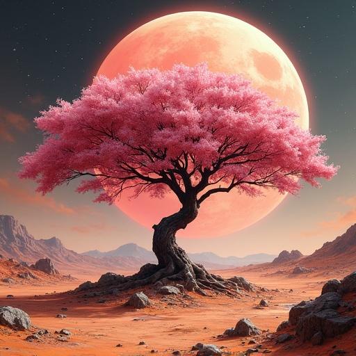 A majestic cherry blossom tree stands on the surface of Mars. Background features a large glowing moon. The atmosphere is vibrant and otherworldly. Rocks scattered around. A surreal and inspiring visual design.