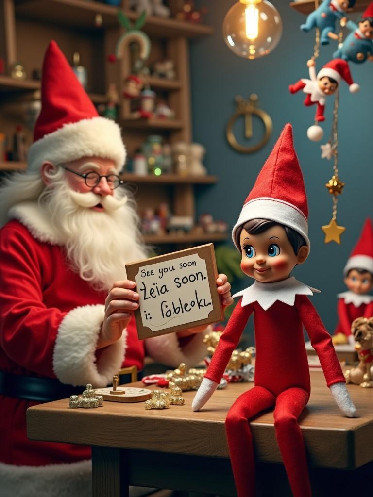 Santa Claus sitting in a toy workshop filled with colorful toys and elves. An elf in a red outfit is holding a sign that says see you soon Zuzia i Aleks. The setting is cozy and festive with warm lighting.