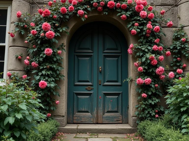 Door of gothic mansion adorned with pink rose vines. Roses blooming from invasive vines creating a lush entrance. The mansion is partially obscured by flowers.