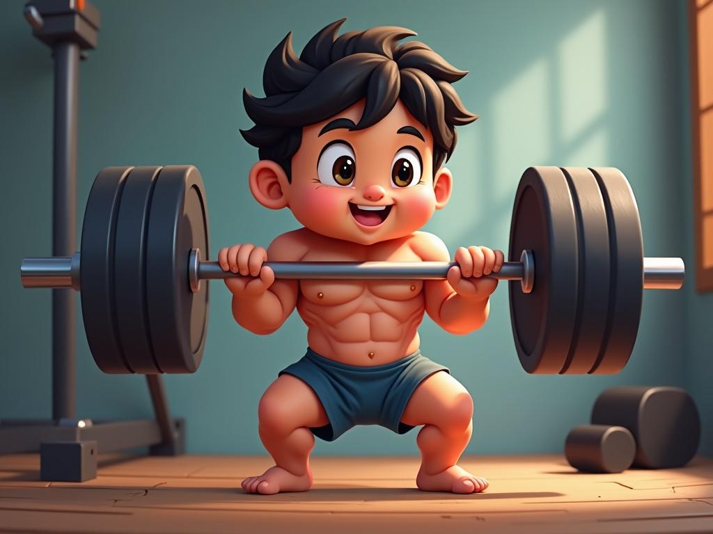 Illustrate a muscular five-year-old child with dark hair lifting weights in a gym setting. Full body cartoon style showing the child's strength with a happy expression.