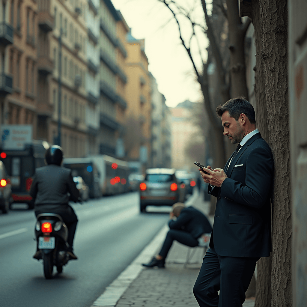 A man in a suit checks his phone while leaning against a wall on a busy city street.