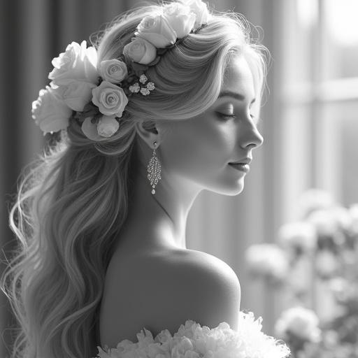 Ultra photorealistic grayscale portrait of a beautiful young woman. Serene expression. Flowing blonde hair styled in soft waves. Hair adorned with white roses. Wearing sparkling dangle earrings. Off-the-shoulder gown. Background features soft-focus white roses and foliage. Bokeh effect.