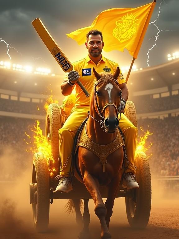 MS Dhoni depicted as a warrior king riding a golden yellow chariot on a battlefield. He wears a glowing battle armor styled CSK jersey with lion motifs. The chariot showcases grand golden-yellow design, with large wheels featuring the CSK logo. Elements of a stadium and battlefield combine, with thunder and dust, while a cheering crowd is in the background. Dhoni holds glowing reins and a cricket bat resembling a sword, embodying a calm and regal demeanor. The CSK flag waves above as lightning strikes, symbolizing his leadership spirit.