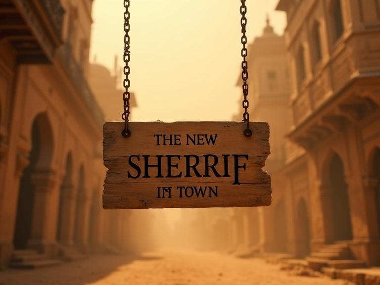 Cinematic hyper-realistic wide shot of ancient Indian haveli street. Golden-brown sandstorm haze. Suspended wooden signboard with rusty chains. Sign reads 'The New Sherrif in Town'. Background features Indo-Islamic architecture silhouettes. Scene has dramatic storm-filtered lighting. Details emphasize textures and atmospheric depth of field.