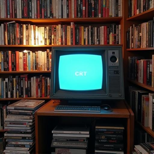 CRT television on a stand with blue screen surrounded by numerous shelves of VHS tapes.