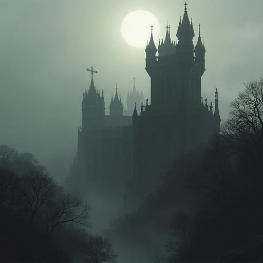 Eerie scene featuring a Gothic castle shrouded in mist at sunrise. The architecture includes crenellations. High angled perspective showing foggy surroundings. Shadowy and indistinct features create an ominous tone. Dramatic light from the sun partially visible through the mist adds an unsettling ambiance.