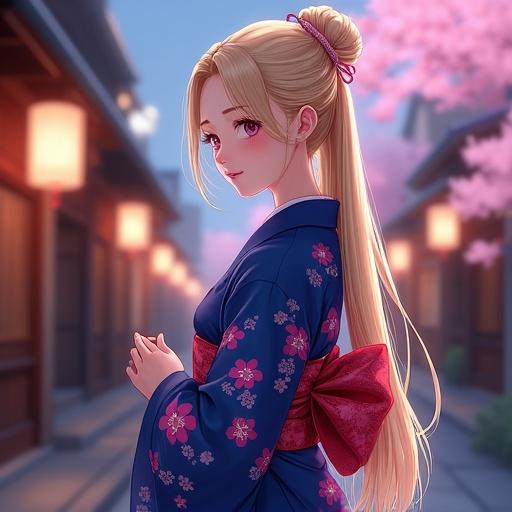 Semi-realistic anime-style digital painting featuring a young girl with long blonde hair in a traditional Japanese updo. She wears a deep sapphire blue kimono with pink cherry blossom patterns. The scene is in a Kyoto street at night under soft lantern light. The texture of the kimono fabric is silky and elegant. The vivid sakura patterns greatly contrast the background.