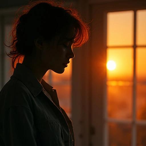 Dawn light exposes fatigue in a crumpled collar. The light from the sunrise creates a warm ambiance.
