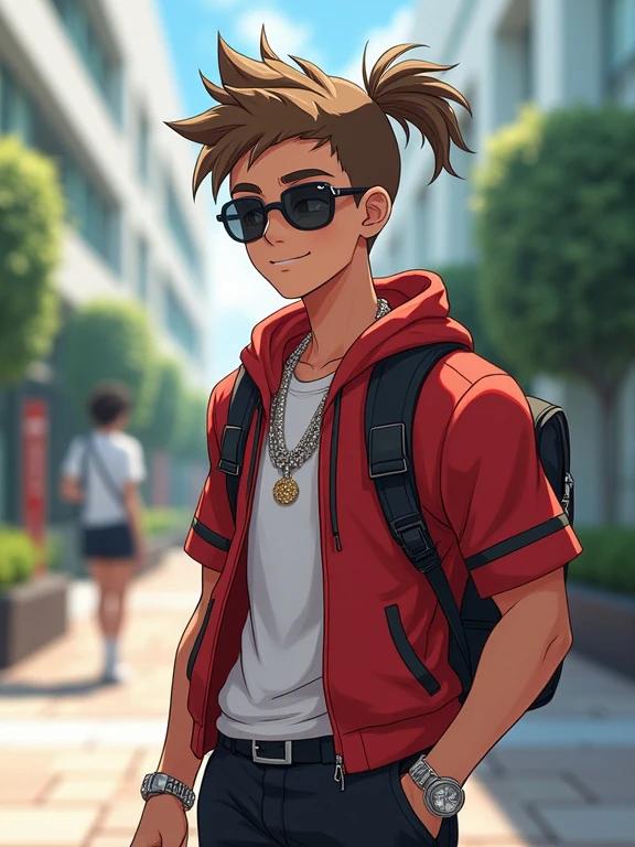 Anime character standing in a private high school hallway. The character is a teen boy. He has light brown spiky hair styled in a ponytail. He wears a red zip-up hoodie and has muscular arms. The background shows a modern school setting. The boy wears expensive hip-hop jewelry and sunglasses. He has a stylish Gucci backpack.