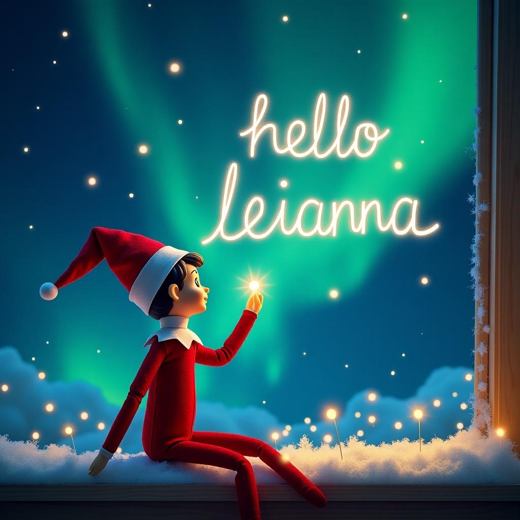 This image features an elf on the shelf in a cozy interior. The elf, dressed in a red outfit and a matching hat, is gazing out at the night sky. In the sky, the words 'hello leianna' are written in glowing lights. The background is illuminated by stunning northern lights, creating a magical atmosphere. Below the elf, there are soft clouds and tiny candles, adding to the festive decor. This enchanting scene evokes feelings of joy and wonder, perfect for the holiday season.