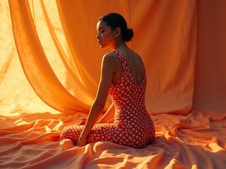 A warm studio setting features a figure in a polka dot dress. The background has a gentle gradient of warm tones. Soft light illuminates the scene, highlighting textures. Attention to detail in fabric patterns enhances the aesthetic appeal of the image.