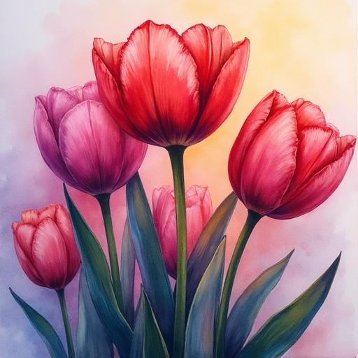 Hand-painted watercolor of tulips on Museum Arches paper. Colors change from deep red to purple and pink. Soft illumination enhances their hues.