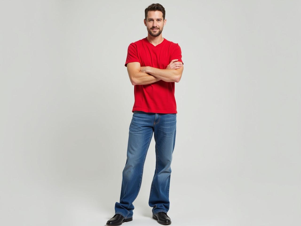 The image shows a man standing confidently with his arms crossed. He is wearing a red t-shirt and blue jeans. The t-shirt has short sleeves, and the jeans are loose-fitting. His shoes are black and polished. The background is simple, making the man the focal point of the image.