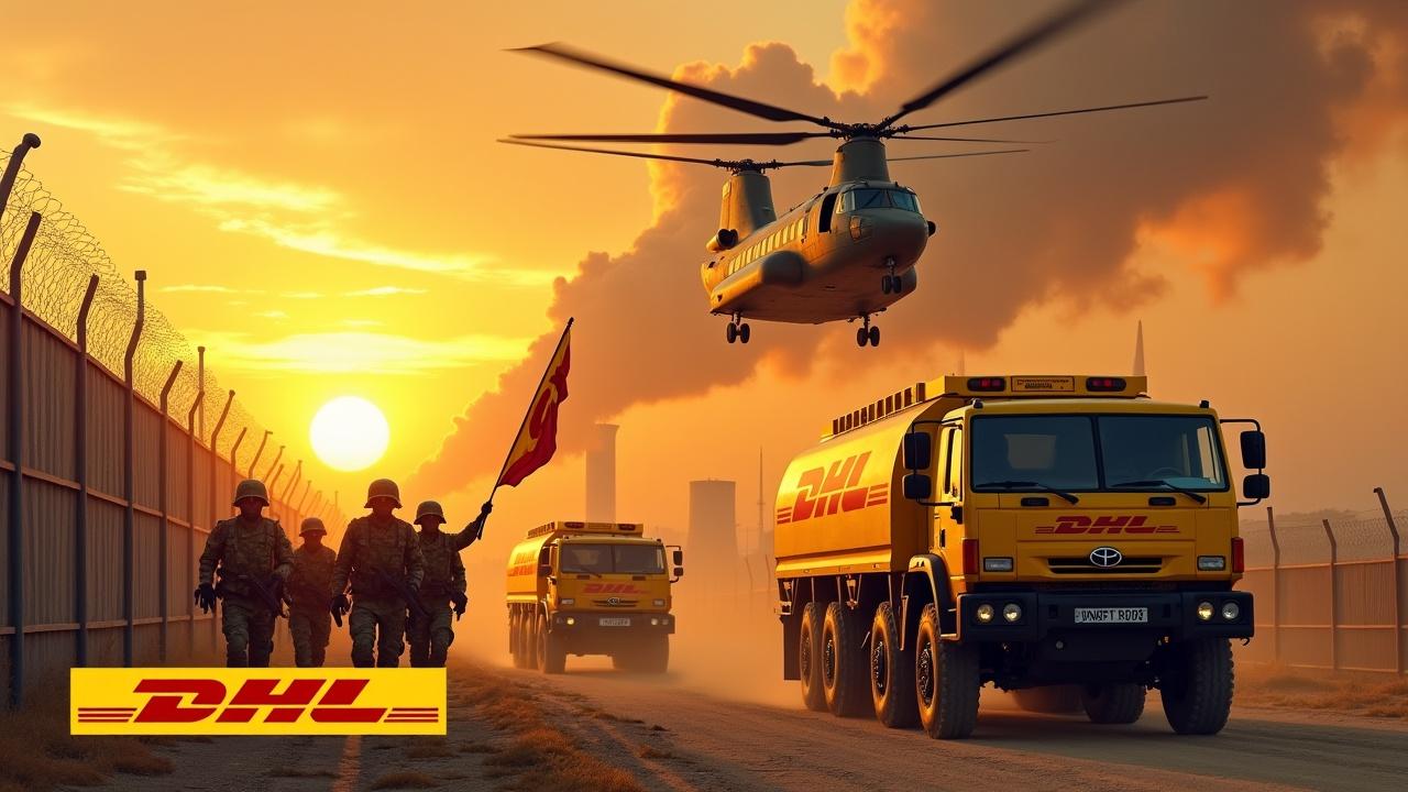 In a dramatic scene, several yellow armoured trucks drive up to a fence. The armoured trucks are painted with the DHL logo. Nearby, several soldiers holding rifles are seen marching together in unison. One soldier stands valiantly holding a flag with the DHL logo. In the background, we can see a nuclear power plant. The sky is illuminated by the fiery sun, and a large Chinook cargo helicopter with the DHL logo flies above, adding to the intensity of the scene. At the bottom, we see the DHL logo, displayed in bold, yellow text.