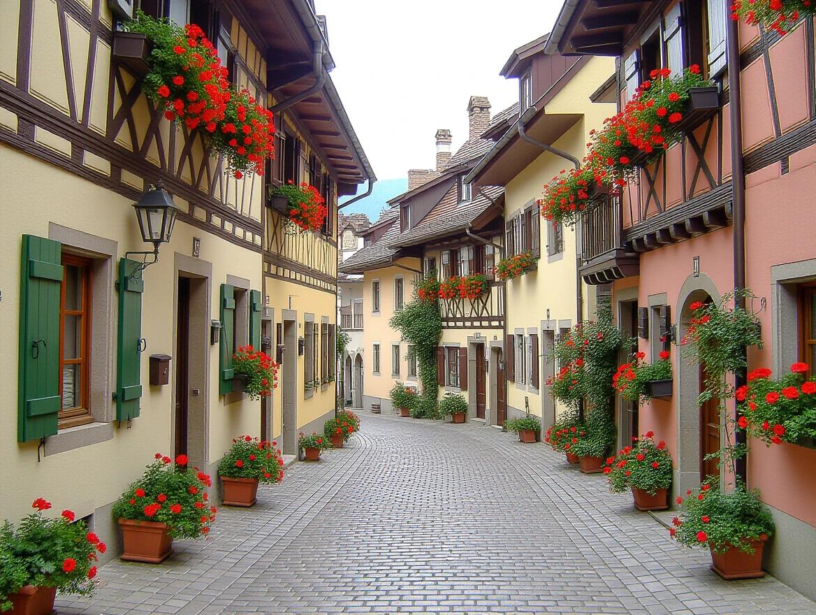 Cobblestone street in a European town. Buildings feature flower-filled balconies. The street is narrow and lined with colorful homes. Greenery and flowers enhance the scenic beauty.