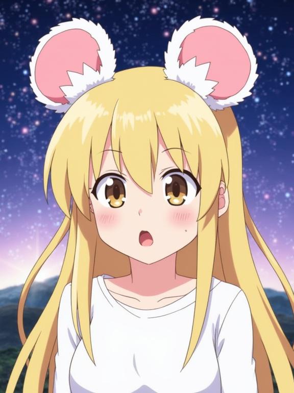 Anime character with long blonde hair and large pink mouse-like ears with white fur accents. Character wears a white shirt. Background features a cosmic starry sky with blue and purple shades. Character has a surprised expression.