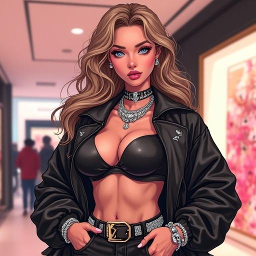Anime character depicted as a woman shopping in a luxurious Louis Vuitton store. She has silver eyes and a beautiful face, wearing light brown wavy hair. Adorned with light pink diamond jewelry, the outfit is sexy and edgy with oversized streetwear. She is a quarter Brazilian and blends different cultures. The illustration captures the essence of being an A-list celebrity in a modern setting.