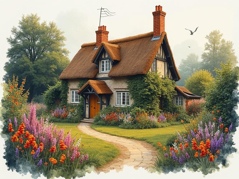 English cottage with thatched roof. Beautiful garden full of colorful flowers. Fine-tuned watercolor style. Surrounded by splashy white border. Very attractive and detailed view. Golden foil details used.