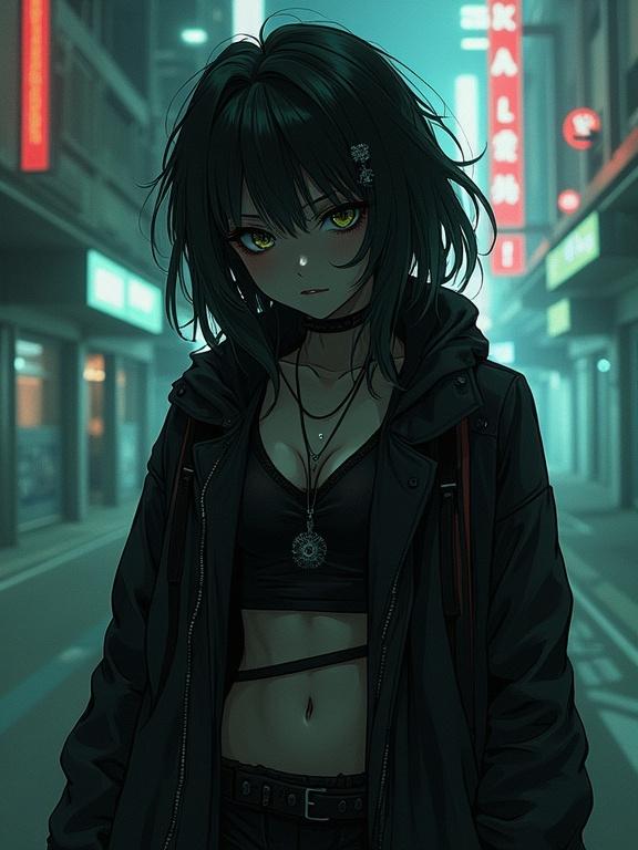 Low angle view of a full body character design. Super cool netrunner girl with a unique costume. Represents an underground resistance movement. Elements of an ideological hacker mastermind. Incorporates kanji and deep web references. Features edgy hair and dark, shadowy colors with a noir vibe. Anime and manga styling with a moody backdrop.
