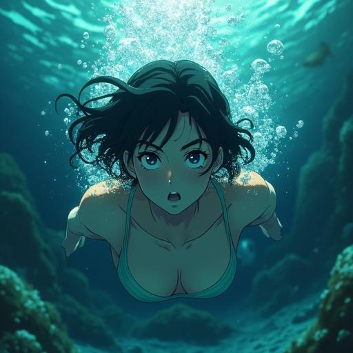 Young woman swims underwater in a horror anime setting. Bright lights illuminate the scene. Seaweed attacks her, dragging her down to the seafloor. Bubbles escape from her mouth. Manga art style.