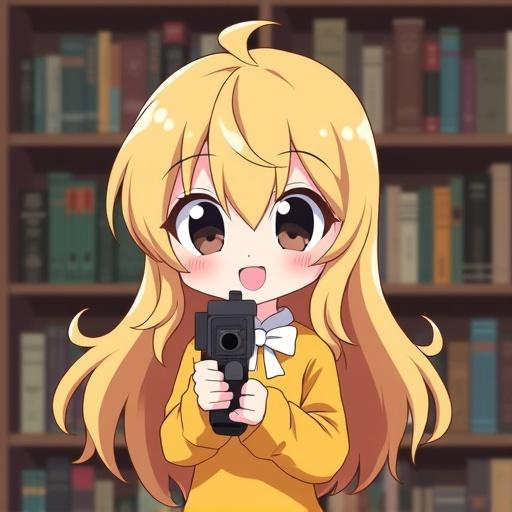 Anime girl with long wavy blonde hair quirky ahoge wide black googly eyes friendly smile wearing a mustard yellow sweater and white bow tie standing in a library holding a gun facing viewer simple cartoon style flat shading clean lines wholesome cheerful expression web animation aesthetic quirky expressive posture soft indoor lighting