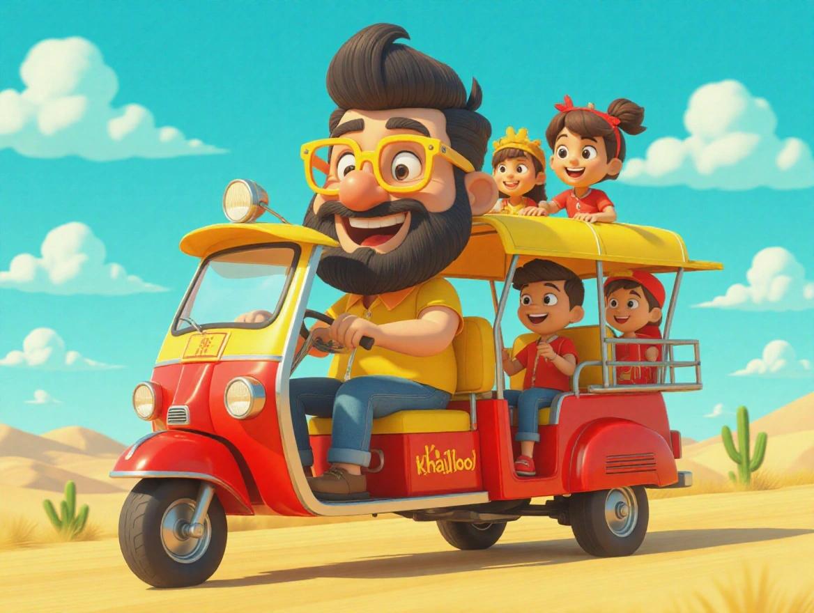 A 3D character for children called Khaloo. Character is a big man from Upper Egypt. Wears yellow glasses with a large frame. Head sticking out of a red tuk-tuk. Tuk-tuk has children wearing red and yellow. Cheerful picture in logo format with words Khaloo underneath. Small text says Made for Kids.