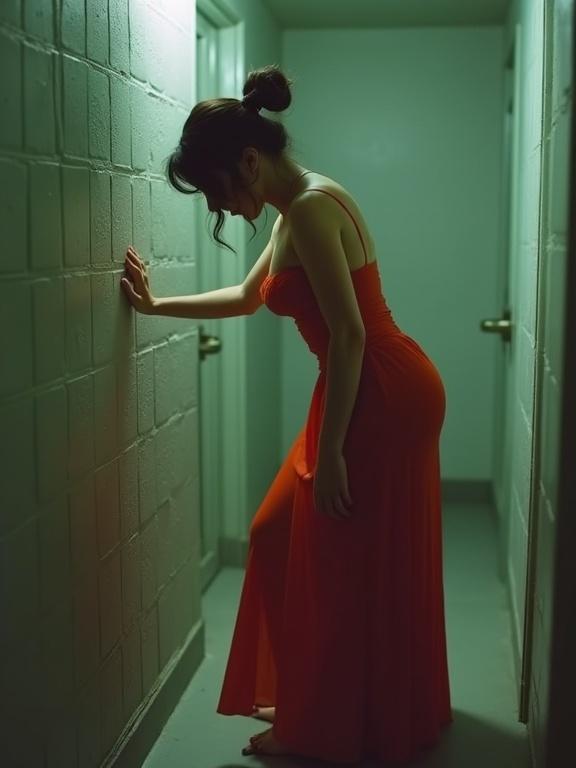Woman in red dress bending over in dimly lit hallway. Hand against wall. Displaying posture and emotional expression. Captured in low-resolution style.