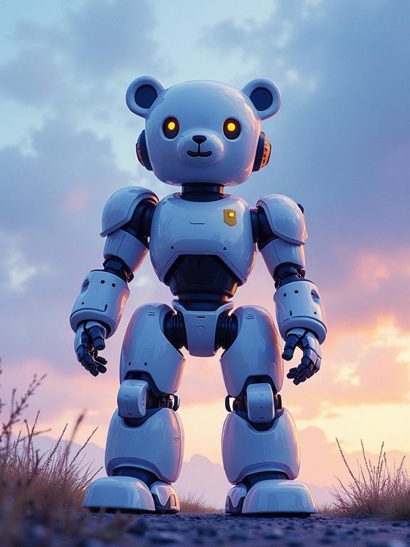 Humanoid robot bear sound engineer standing outdoors against a cloudy sky at dusk. Soft blue and purple hues fill the background. Robot features include round ears and glowing eyes.
