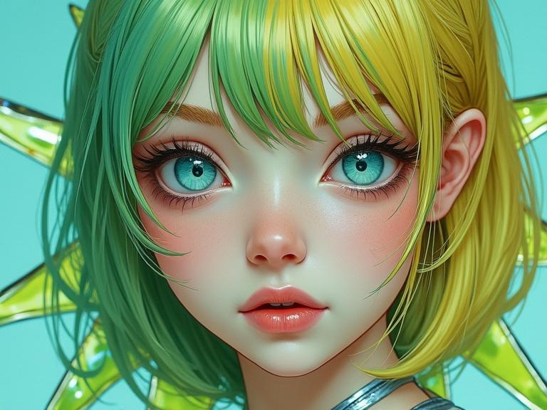 A close-up portrait of a young female with vivid blue eyes and shoulder-length striped hair in green and yellow shades. Her pale skin features patches of green and yellow stained glass extending outward like blades. Bright colors and gradients create a surrealistic feel.