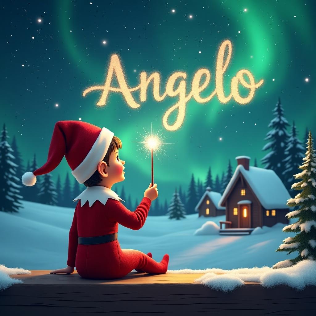 An elf sits on a wooden ledge, facing a magical sky filled with the shimmering Northern Lights. Dressed in a vibrant red outfit and a pointed hat, the elf holds a sparkling wand, using it to elegantly write the name 'Angelo' in the starry night. The background features a picturesque snowy landscape, complete with charming houses and evergreen trees. This scene embodies the spirit of childhood magic, inviting viewers to experience the joy of Christmas. The combination of light and color creates a whimsical atmosphere that is enchanting and inviting.