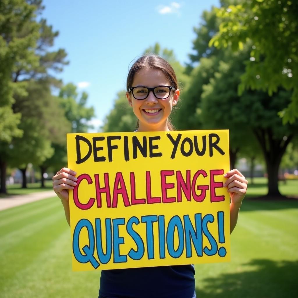 A person holds a colorful sign outdoors. The sign has the text 'DEFINE YOUR CHALLENGE QUESTIONS!' written in bold letters. The scene captures a sunny day. The person appears happy and engaged.