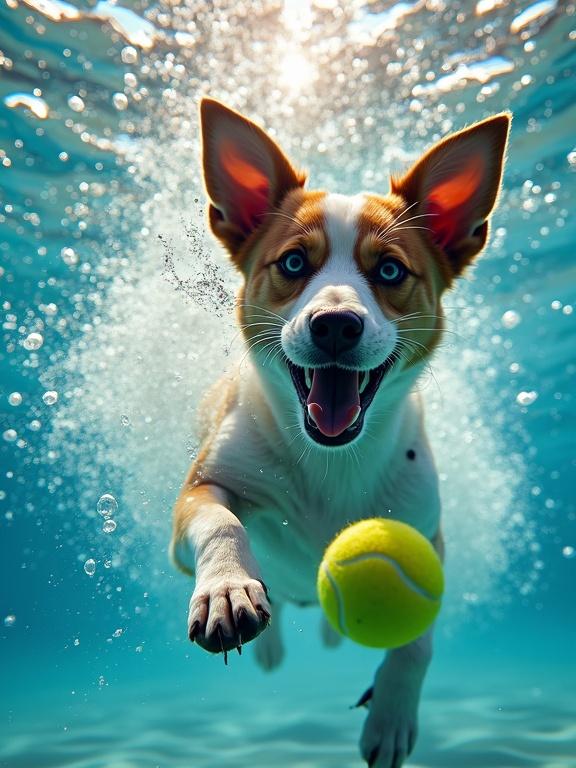 Underwater photograph of a dog chasing a tennis ball. Dog has open eyes and mouth, showing excitement. Sunlight beams penetrate the water surface. Bubbles surround the dog, creating a joyful scene.