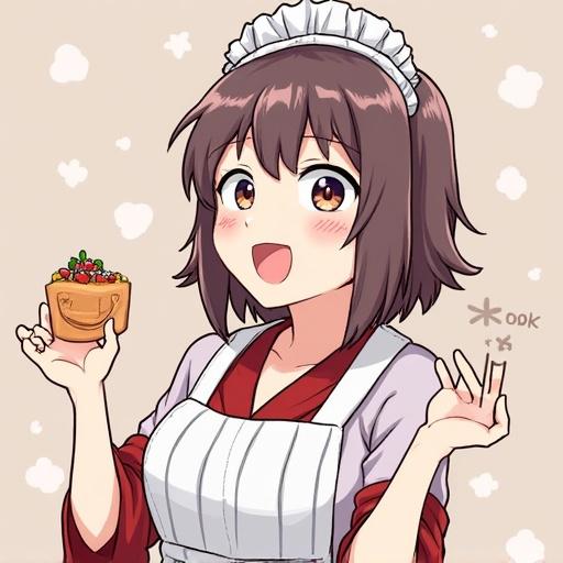Anime character in a cute apron smiling and holding a dish