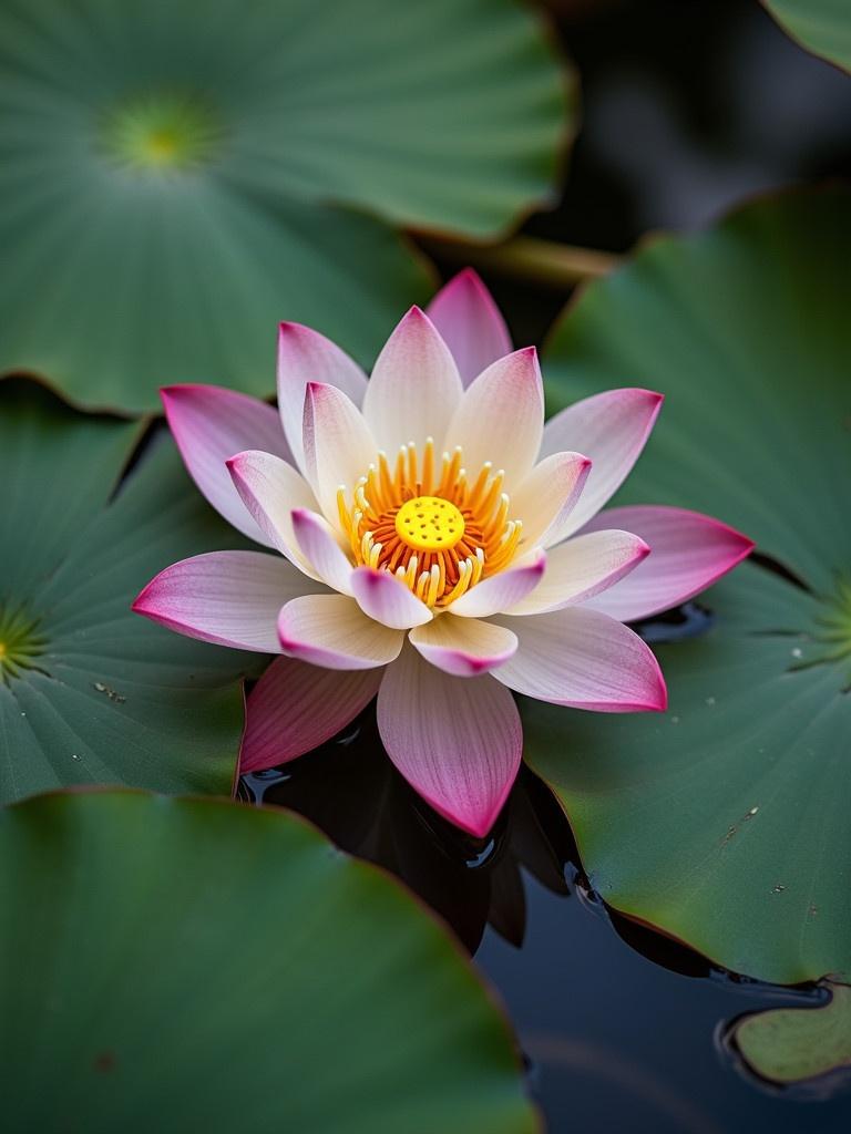 A lotus flower sits gracefully on the water surrounded by green lily pads. The lotus has white petals with pink edges and a yellow center. The scene captures a serene natural environment.