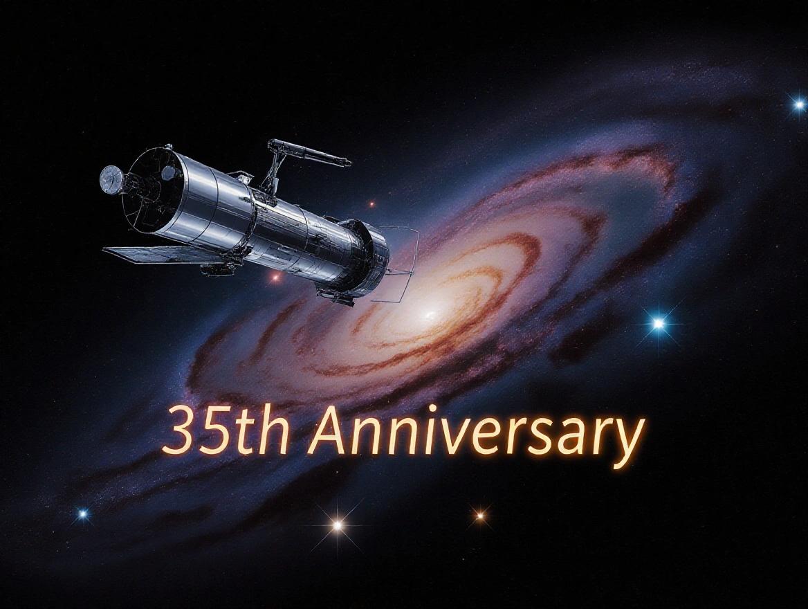 Space telescope Hubble in outer space. Text displaying '35th Anniversary' in glowing colors. Background filled with nebula and stars.