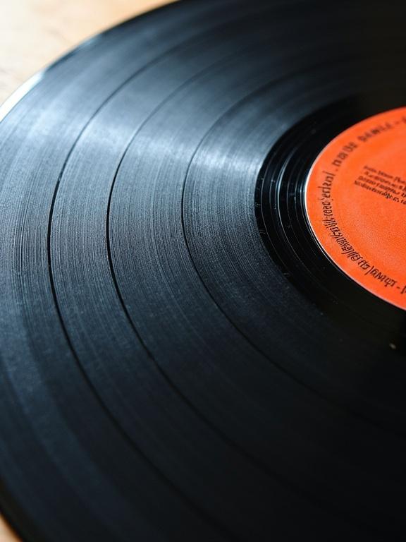 Close-up view of a high-detailed vinyl record. Grooves are clearly visible. Image fills the frame edge to edge. Captured in a rough oil painting style.