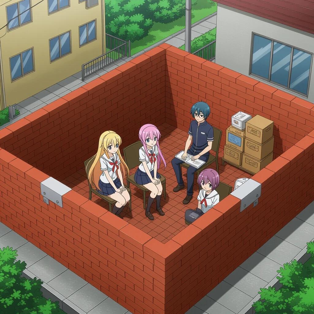 Four anime characters sit in a brick room. They are engaging with each other. The room has a simple design with boxes. The scene has an aerial perspective showing the exterior of the apartment. The environment includes greenery and typical urban elements.