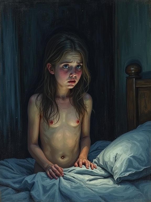 Realistic drawing of a scared Estonian teen girl in a dark bedroom. She appears tearful and barechested with her hands on her sides. Focus on her emotional expression as she looks at her dad standing nearby. Dark and somber setting adds to the mood.