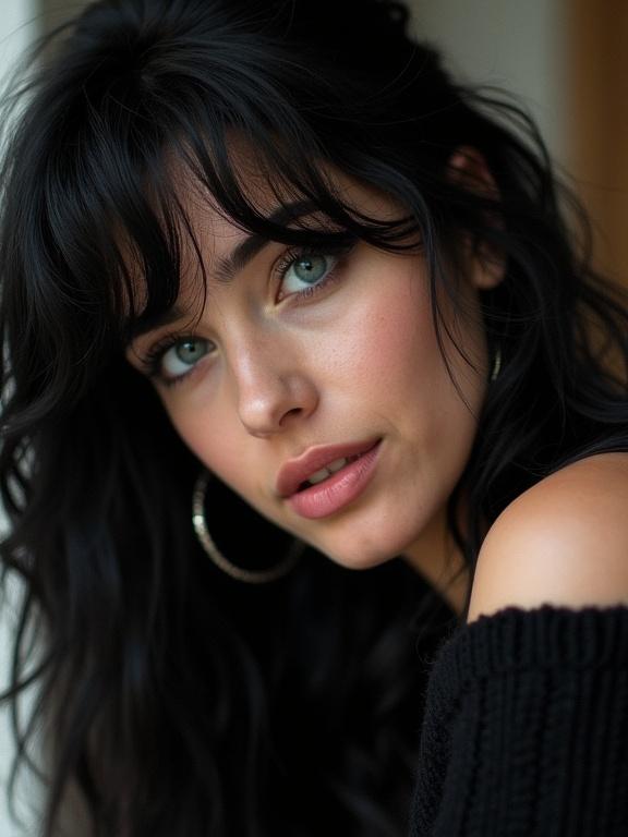 Macro photo with heavy film grain focusing on beautiful woman with turquoise eyes. Her black hair in waves covers one eye. She's partially smiling, wearing an off-shoulder black knit sweater.