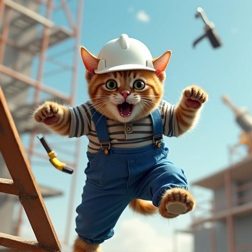 A semi-realistic cat wearing a white hard hat and blue work uniform is mid-air falling from a ladder. The cat has a terrified expression with limbs flailing and tail puffed out. Tools are flying around in the background featuring scaffold and sky, comical construction accident.